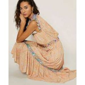 Current Air Los Angeles Orange Pueblo Pattern Ruffle Neck Midi Dress Size S